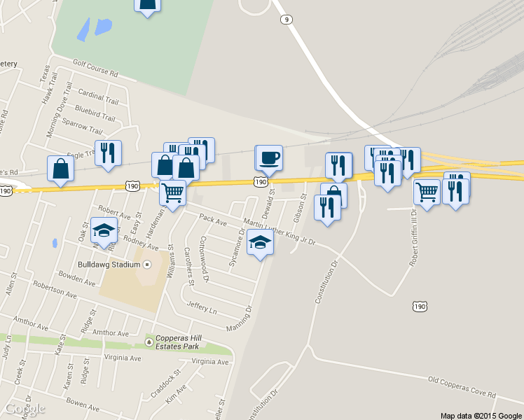 map of restaurants, bars, coffee shops, grocery stores, and more near 208 Dewald Street in Copperas Cove