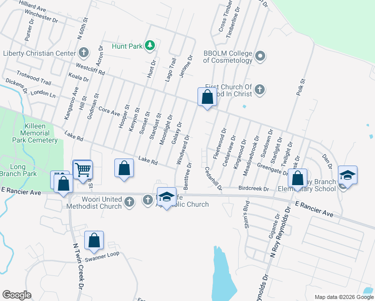 map of restaurants, bars, coffee shops, grocery stores, and more near 1714 Benttree Drive in Killeen