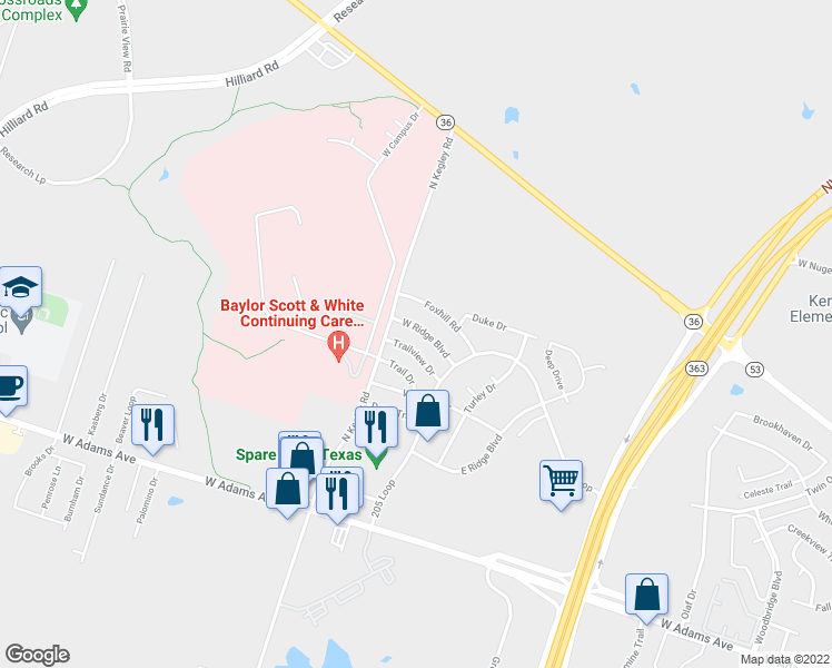 map of restaurants, bars, coffee shops, grocery stores, and more near 5321 West Ridge Boulevard in Temple