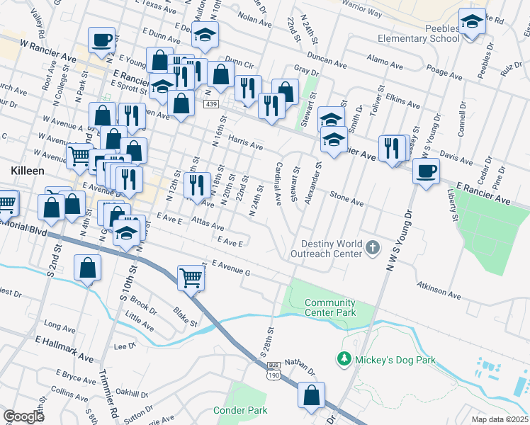 map of restaurants, bars, coffee shops, grocery stores, and more near 506 Jon Circle in Killeen