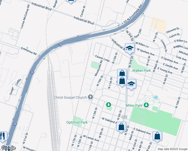 map of restaurants, bars, coffee shops, grocery stores, and more near 2110 Monticello Road in Temple