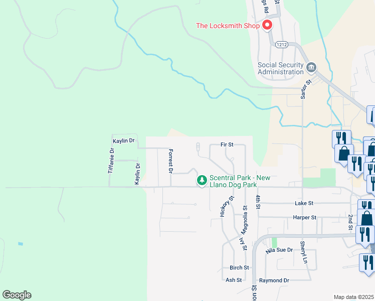 map of restaurants, bars, coffee shops, grocery stores, and more near 100-122 Elm Street in New Llano