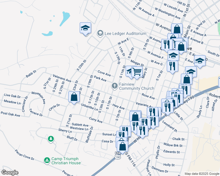 map of restaurants, bars, coffee shops, grocery stores, and more near 904 South 11th Street in Copperas Cove