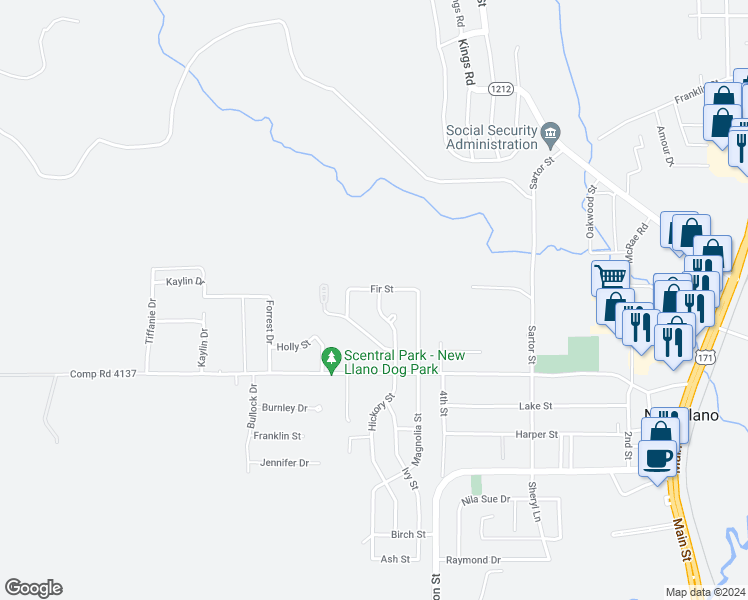 map of restaurants, bars, coffee shops, grocery stores, and more near 727 Hickory Street in New Llano