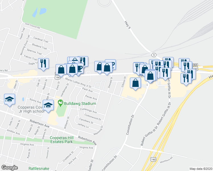 map of restaurants, bars, coffee shops, grocery stores, and more near 1547 Martin Luther King Junior Drive in Copperas Cove