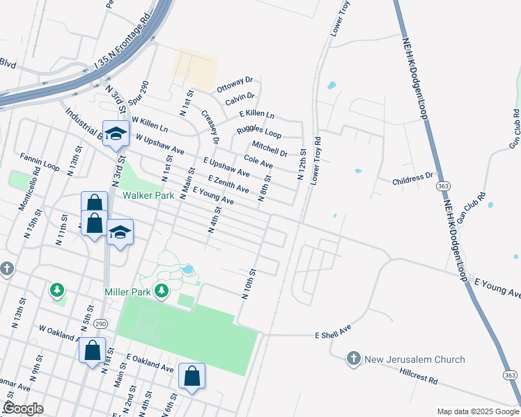map of restaurants, bars, coffee shops, grocery stores, and more near 406A East Young Avenue in Temple