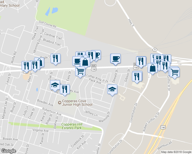 map of restaurants, bars, coffee shops, grocery stores, and more near Old Killeen-Copperas Cove Road in Copperas Cove