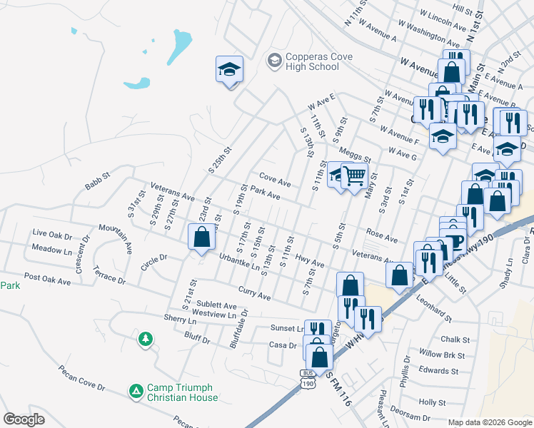 map of restaurants, bars, coffee shops, grocery stores, and more near 952 South 15th Street in Copperas Cove