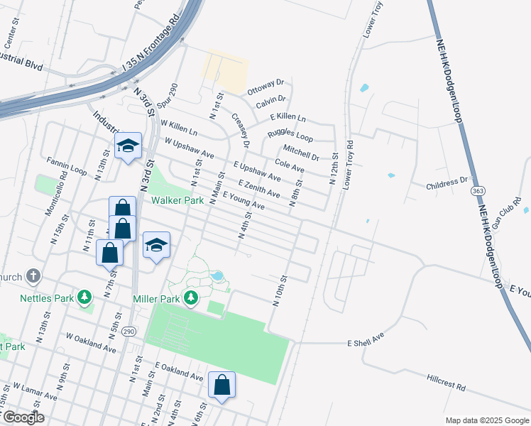 map of restaurants, bars, coffee shops, grocery stores, and more near 213 West Young Avenue in Temple