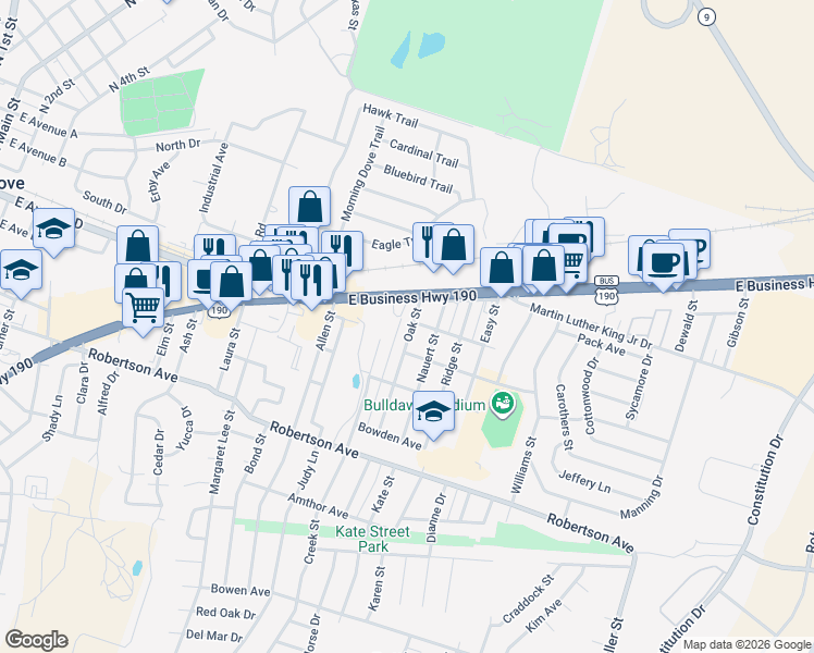 map of restaurants, bars, coffee shops, grocery stores, and more near 202 Oak Street in Copperas Cove