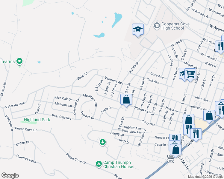map of restaurants, bars, coffee shops, grocery stores, and more near 1104 South 27th Street in Copperas Cove