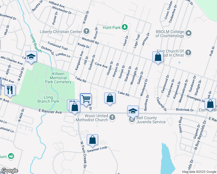 map of restaurants, bars, coffee shops, grocery stores, and more near 1701 Kenyon Street in Killeen