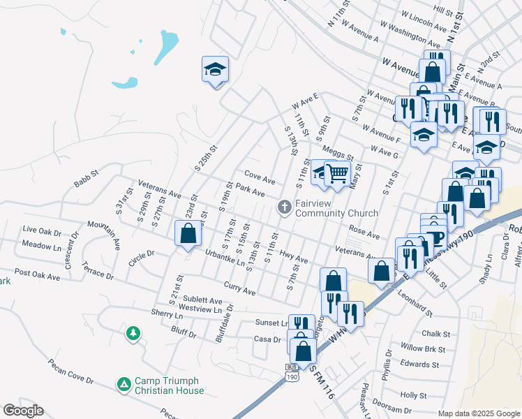 map of restaurants, bars, coffee shops, grocery stores, and more near 916 J R Court in Copperas Cove
