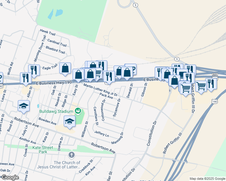 map of restaurants, bars, coffee shops, grocery stores, and more near 1201 Martin Luther King Junior Drive in Copperas Cove