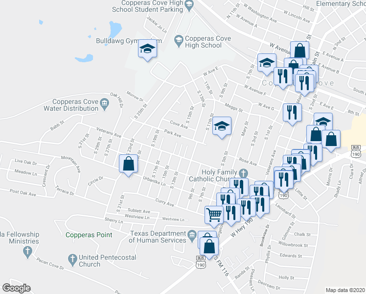 map of restaurants, bars, coffee shops, grocery stores, and more near 909 J R Court in Copperas Cove