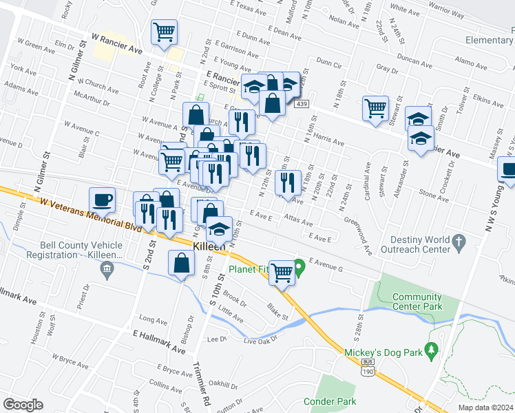 map of restaurants, bars, coffee shops, grocery stores, and more near 299 North 12th Street in Killeen