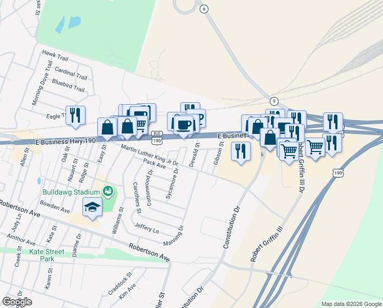 map of restaurants, bars, coffee shops, grocery stores, and more near 208 Dewald Street in Copperas Cove