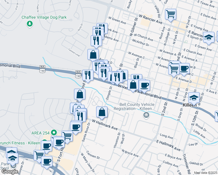 map of restaurants, bars, coffee shops, grocery stores, and more near 810 West Avenue I in Killeen