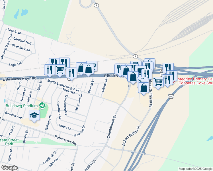 map of restaurants, bars, coffee shops, grocery stores, and more near 209 Gibson Street in Copperas Cove