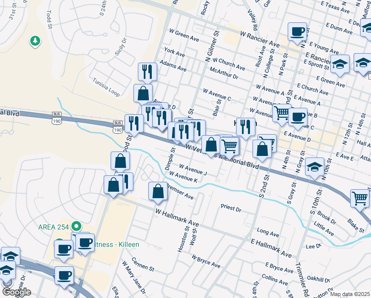 map of restaurants, bars, coffee shops, grocery stores, and more near 709 West Avenue I in Killeen