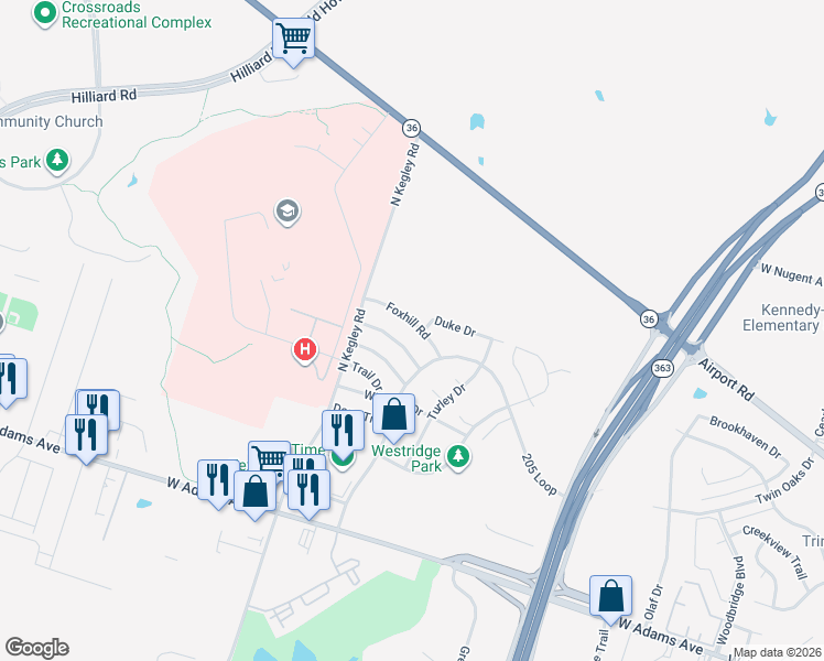 map of restaurants, bars, coffee shops, grocery stores, and more near 5216 West Ridge Boulevard in Temple