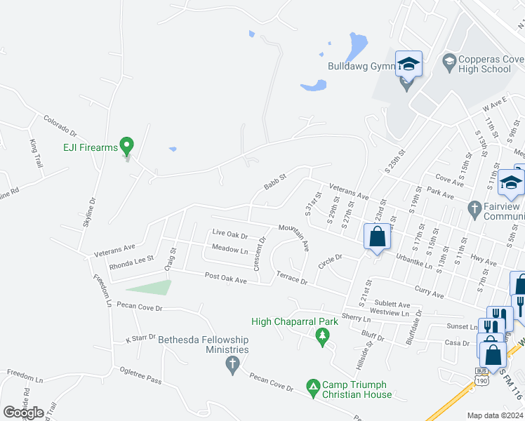 map of restaurants, bars, coffee shops, grocery stores, and more near 2317 Veterans Avenue in Copperas Cove