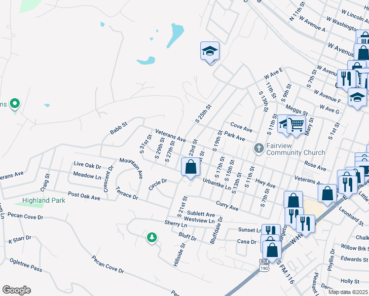 map of restaurants, bars, coffee shops, grocery stores, and more near 1005 South 25th Street in Copperas Cove