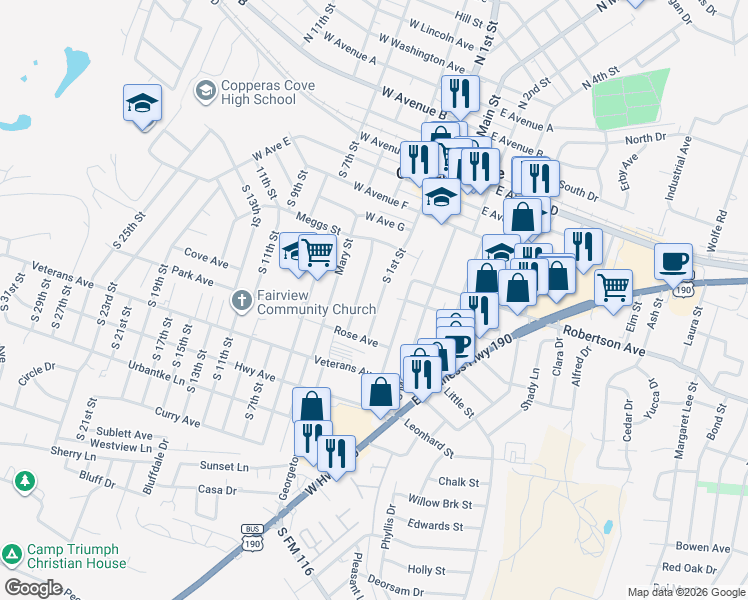 map of restaurants, bars, coffee shops, grocery stores, and more near 706 South 1st Street in Copperas Cove
