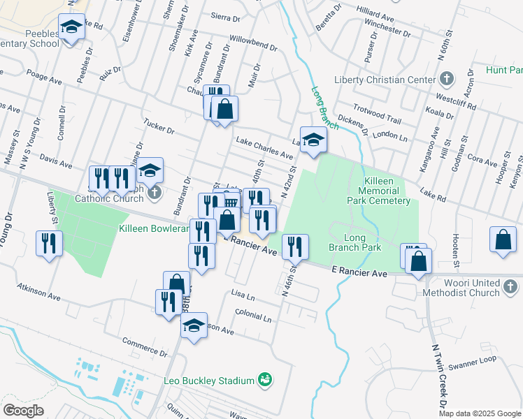 map of restaurants, bars, coffee shops, grocery stores, and more near 3304 Lake Travis Avenue in Killeen