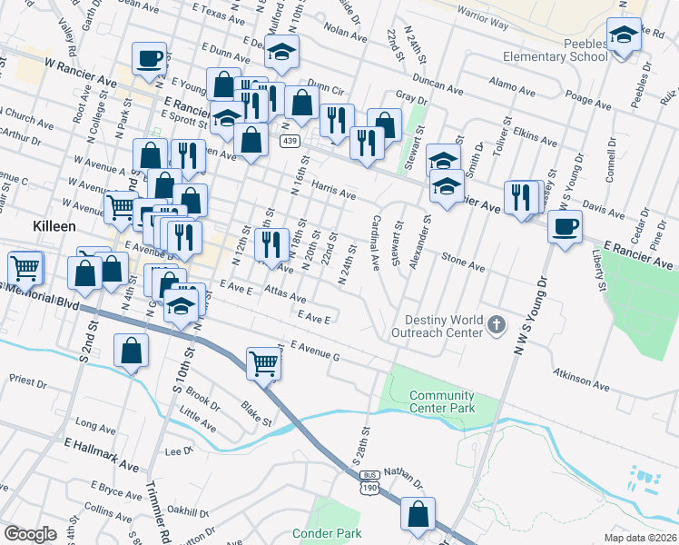map of restaurants, bars, coffee shops, grocery stores, and more near 506 Jon Circle in Killeen