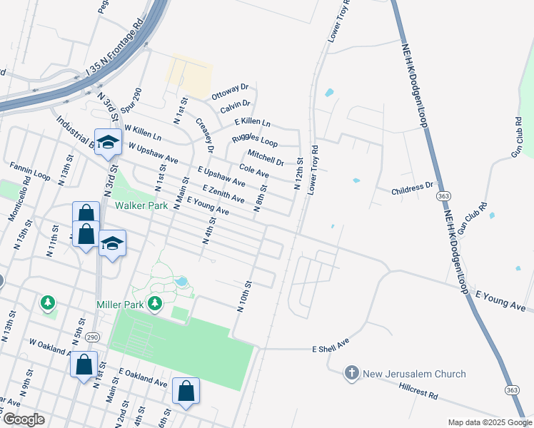 map of restaurants, bars, coffee shops, grocery stores, and more near 406A East Young Avenue in Temple