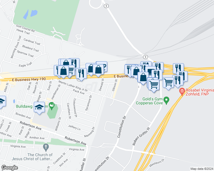 map of restaurants, bars, coffee shops, grocery stores, and more near 207 Marston Avenue in Copperas Cove