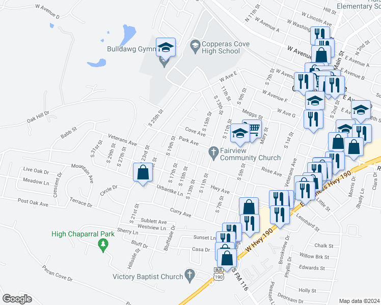 map of restaurants, bars, coffee shops, grocery stores, and more near 900 South 15th Street in Copperas Cove