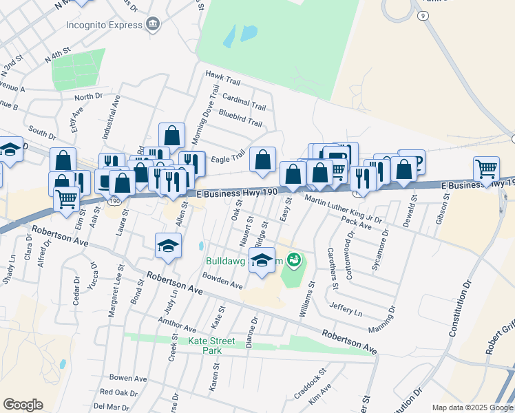 map of restaurants, bars, coffee shops, grocery stores, and more near 1307 Robert Avenue in Copperas Cove