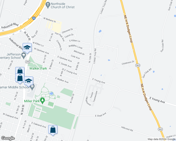 map of restaurants, bars, coffee shops, grocery stores, and more near 2671 North 12th Street in Temple