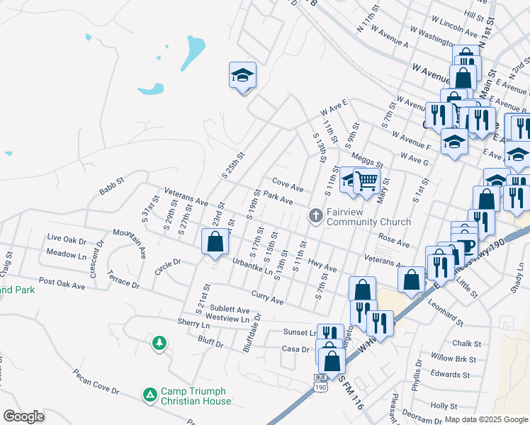 map of restaurants, bars, coffee shops, grocery stores, and more near 1001 South 19th Street in Copperas Cove
