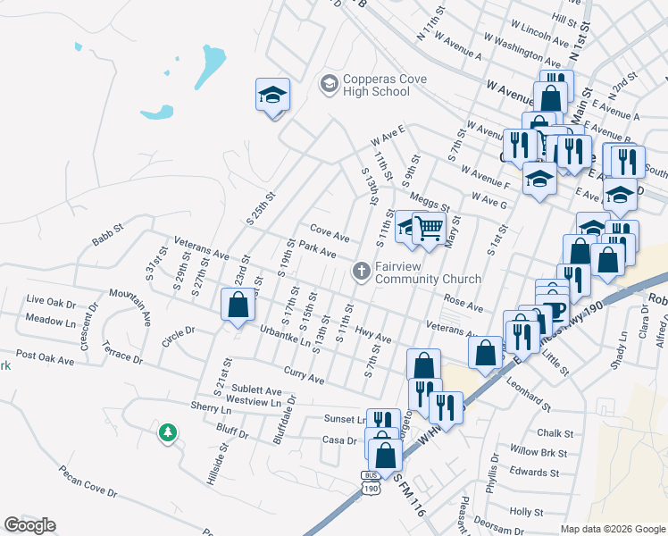 map of restaurants, bars, coffee shops, grocery stores, and more near 904 J R Court in Copperas Cove