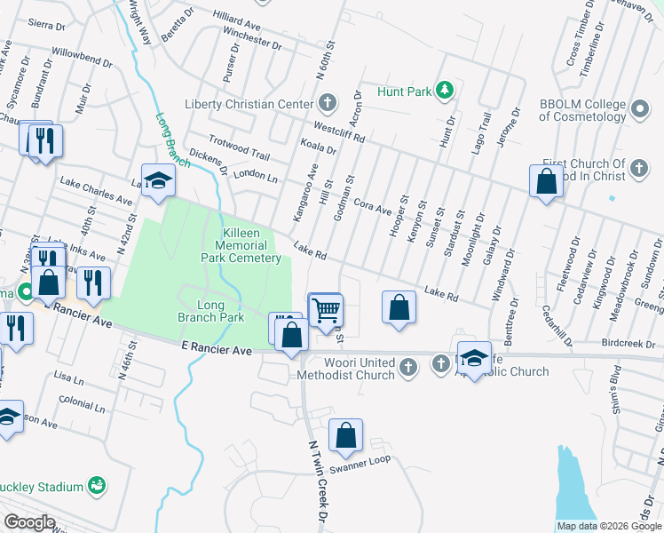 map of restaurants, bars, coffee shops, grocery stores, and more near 1303 Hooten Street in Killeen