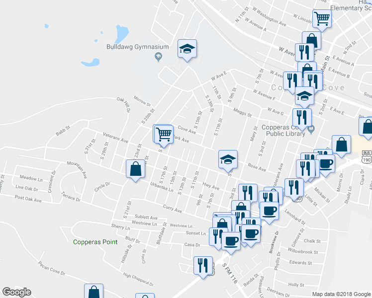 map of restaurants, bars, coffee shops, grocery stores, and more near 952 South 15th Street in Copperas Cove