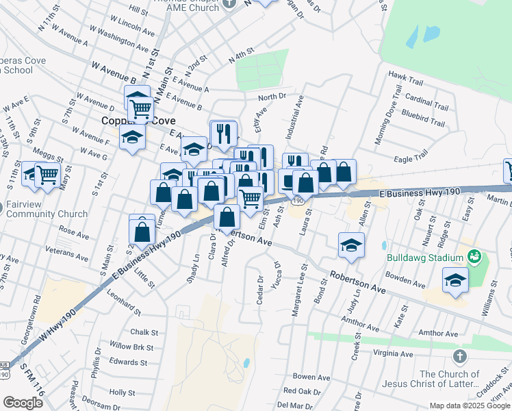 map of restaurants, bars, coffee shops, grocery stores, and more near 804 East U.S. 190 in Copperas Cove