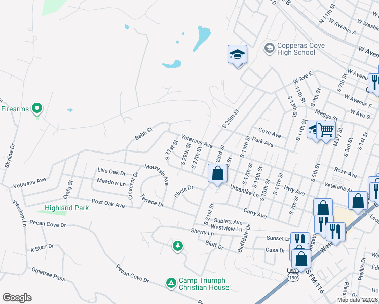 map of restaurants, bars, coffee shops, grocery stores, and more near 1104 South 27th Street in Copperas Cove