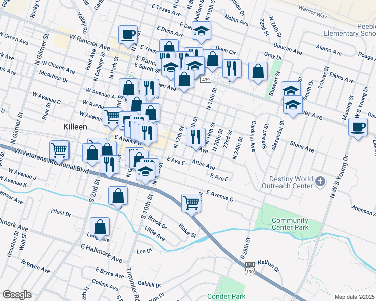 map of restaurants, bars, coffee shops, grocery stores, and more near 709 Attas Avenue in Killeen