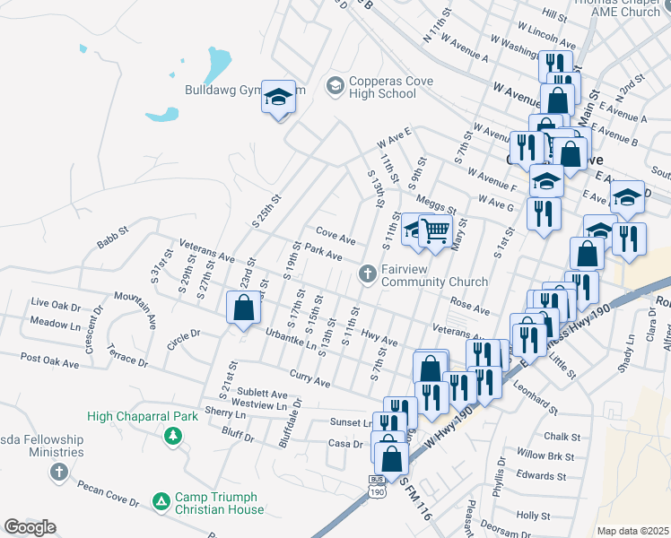 map of restaurants, bars, coffee shops, grocery stores, and more near 908 J R Court in Copperas Cove
