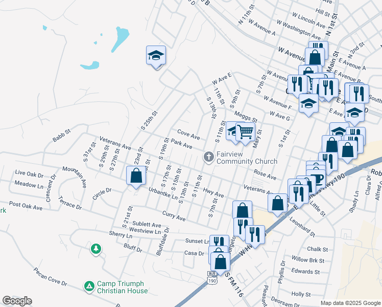 map of restaurants, bars, coffee shops, grocery stores, and more near 902 J R Court in Copperas Cove