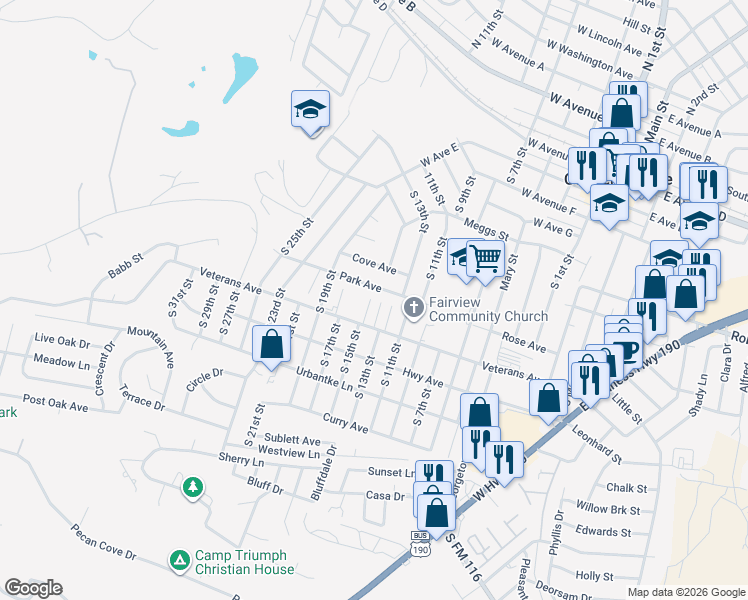 map of restaurants, bars, coffee shops, grocery stores, and more near 901 South 15th Street in Copperas Cove