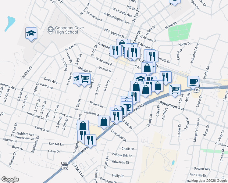 map of restaurants, bars, coffee shops, grocery stores, and more near 303 Veterans Avenue in Copperas Cove