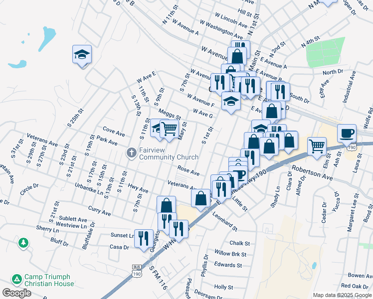 map of restaurants, bars, coffee shops, grocery stores, and more near 803 Mary Street in Copperas Cove