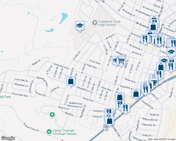 map of restaurants, bars, coffee shops, grocery stores, and more near 1001 South 19th Street in Copperas Cove