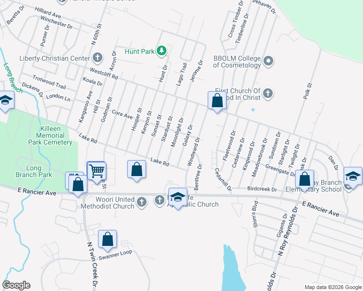 map of restaurants, bars, coffee shops, grocery stores, and more near 1712 Galaxy Drive in Killeen