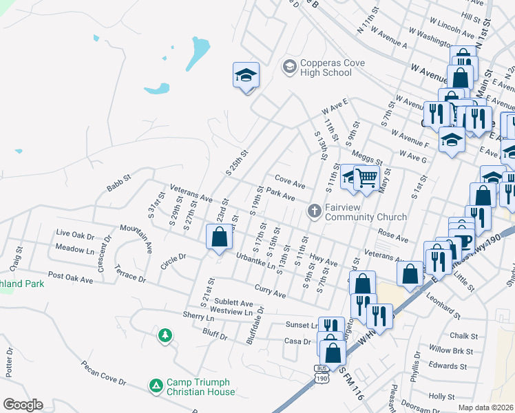 map of restaurants, bars, coffee shops, grocery stores, and more near 905 South 19th Street in Copperas Cove